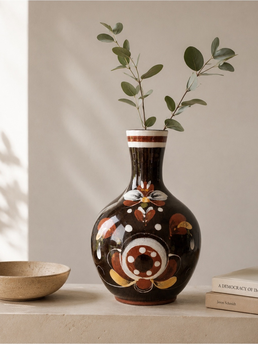 Vintage Burkart Porcelain Vase Handmade Mid Century Floral Print Brown Crème